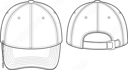 Baseball cap front and back view illustration, clean cad drawing flat vector design for apparel production, fashion technical specification use