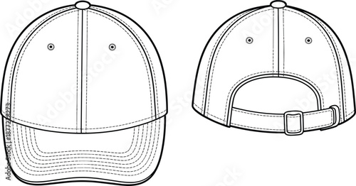 Baseball cap front and back view technical illustration, clean cad drawing flat vector design for apparel manufacturing, fashion specification use