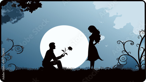 Romantic couple proposal under full moon with flower