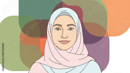 Portrait of a young Muslim woman wearing a light pink hijab with colorful abstract shapes in the background modern flat illustration for diversity and culture concepts