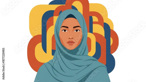 Portrait of a woman wearing a teal hijab modern flat illustration with colorful retro background representing diversity and empowerment