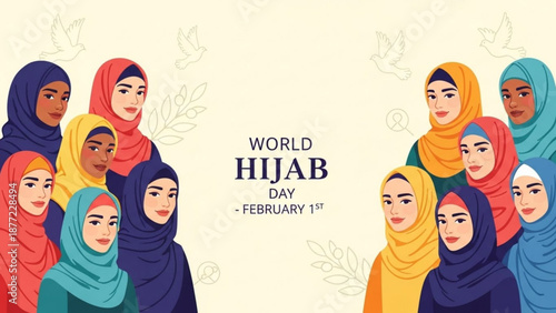 Diverse women celebrating World Hijab Day with colorful headscarves representing unity and empowerment perfect for social media and awareness campaigns
