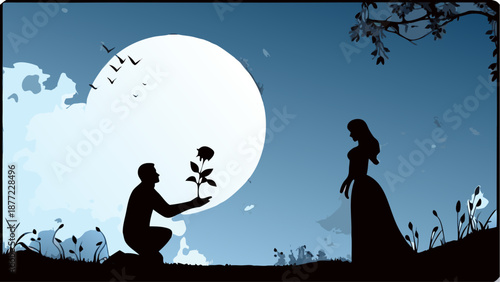 Romantic moonlit proposal with man offering flower to woman