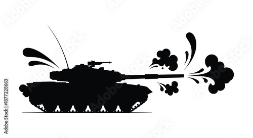 A striking black silhouette of a tank firing exhibiting dynamic action and military power silhouette
