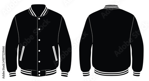 Detailed illustration of a classic black varsity jacket presented from both front and back views silhouette