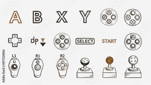 A comprehensive collection of hand-drawn video game controller buttons and joysticks.