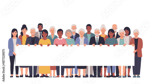 Illustration of a diverse group of people standing together, holding a large blank white board in a colorful and lively vector graphic with a happy and celebratory mood.