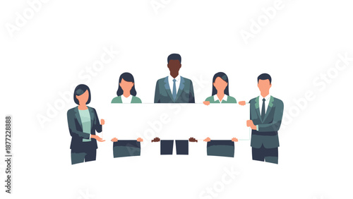 Flat illustration of a diverse team of businesspeople holding a large blank white board together in a frame, conveying a happy and collaborative mood with a minimalist style.