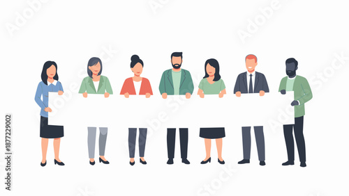 Illustration of a diverse group of people standing together and holding a large blank board in a teamwork concept with a happy and celebratory mood.