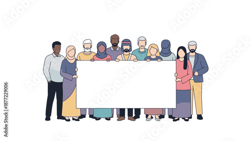 Diverse group of people standing together holding a blank white board or frame in a colorful illustration with a happy and celebratory mood.