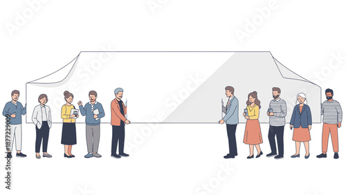 Illustration of diverse people standing together, holding a large blank whiteboard frame, conveying a sense of teamwork and collaboration with a happy and celebratory mood.