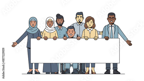 Diverse group of people standing together, holding a large blank white board or sign, in a colorful illustration with a happy and celebratory mood, against a clean white background.