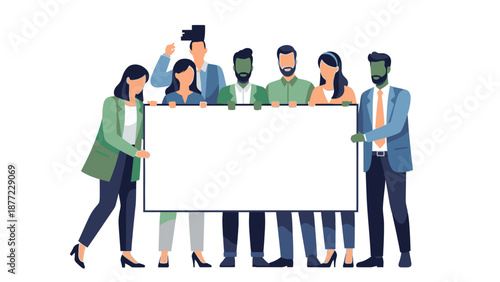 Illustration of a diverse group of people standing together, holding a large blank white board or frame in a teamwork celebration, conveying a happy and united mood.