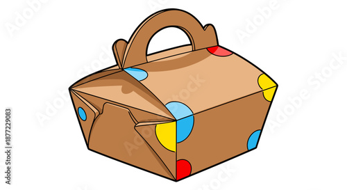 Colorful kraft dessert box with handle, featuring vibrant polka dots, isolated on a white background