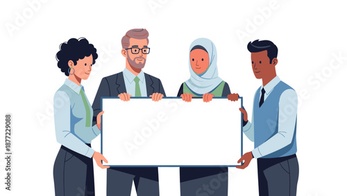 Diverse group of people holding a blank frame or board together in a teamwork illustration with a happy and celebratory mood.
