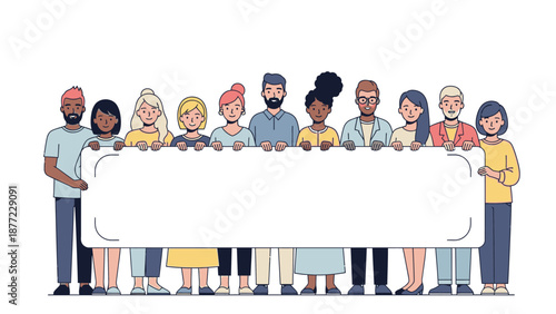 Diverse group of people standing together holding a large blank sign in a colorful illustration with a happy and celebratory mood.