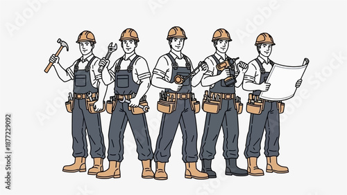 Five male construction workers wearing hard hats and overalls, holding various tools and blueprints, standing together as a team.