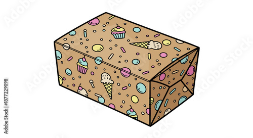 Kraft dessert box with colorful ice cream and cupcake pattern, isolated on a white background