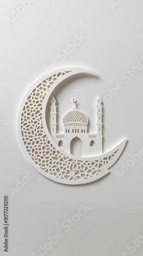Intricate mosque within a crescent moon