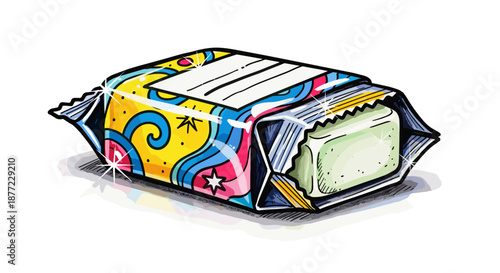 Colorful glossy soap with vibrant wrapper featuring abstract patterns, isolated on a clean white background