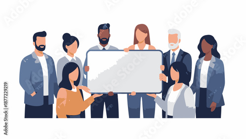 Diverse group of people standing together and holding a blank whiteboard frame in a teamwork illustration with a happy mood.