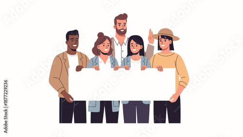 Illustration of a diverse group of people holding a blank white board together with a happy and celebratory mood against a clean white background.