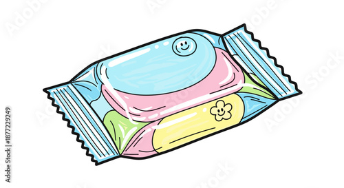 Colorful glossy soap wrapper with playful design isolated on a clean white background, featuring pastel tones and artistic illustration