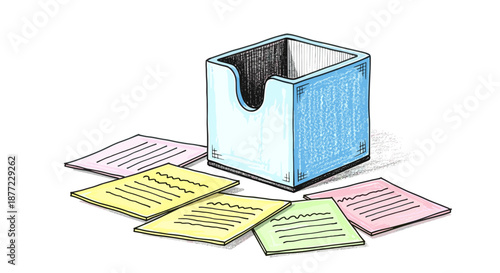 Colorful memo papers spread around a cube holder, isolated on a white background, showcasing office organization and stationery essentials