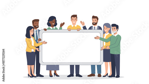 A diverse group of people in business casual attire are standing together, holding and pointing to a large blank whiteboard with a joyful and celebratory mood, conveying teamwork and