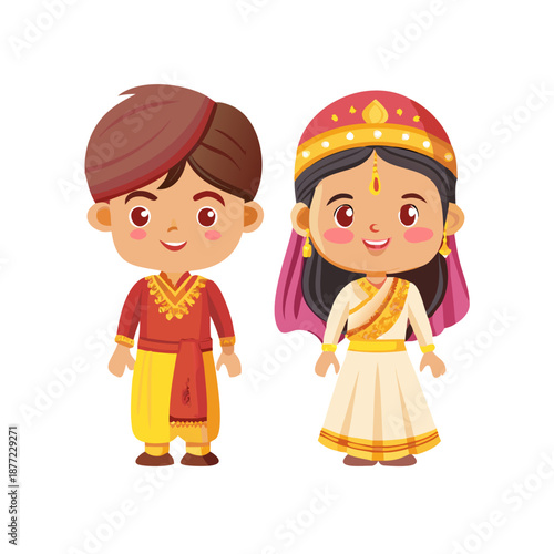 Set of Cute couple in traditional indian dress cartoon characters bride and groom.Wedding invitations card.
