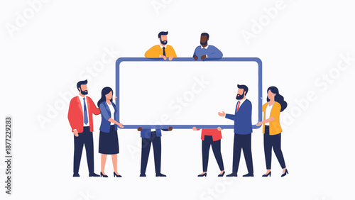 Illustration of a diverse group of people standing together, holding and celebrating around a large blank frame or board, conveying a happy and teamwork-oriented mood.
