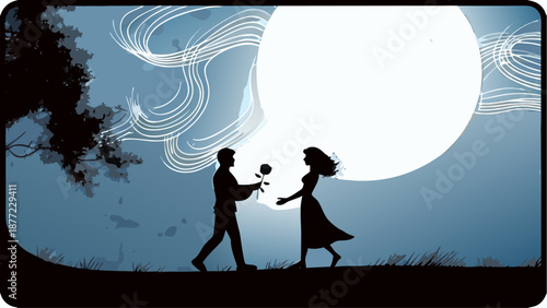 Romantic couple dancing under full moon with flower gift