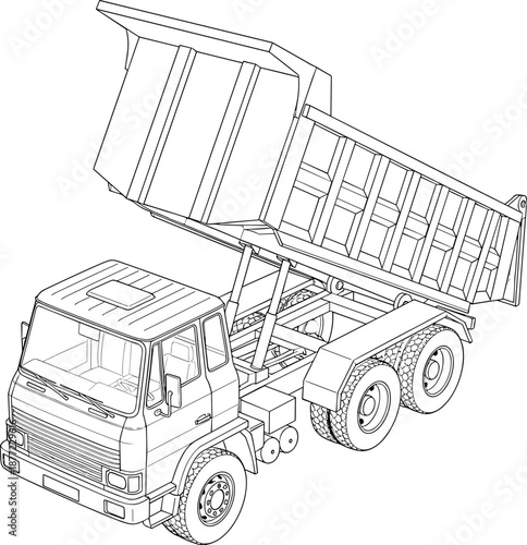 Detailed Line Drawing of Dump Truck with Raised Bed and Hydraulic System for Construction, Engineering, and Vehicle Design Illustration Purposes