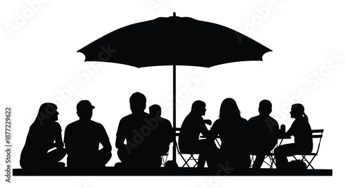 group of people sitting under a large umbrella silhouette high quality professional detailed