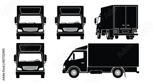 Detailed black and white illustrations showcase various angles of commercial trucks in a clean silhouette