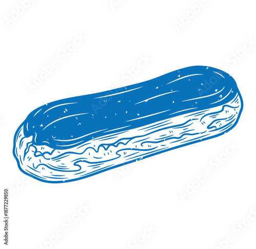 blue eclair pastry with white filling on white background