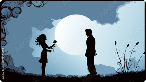 Romantic couple in love under full moon with woman offering flower