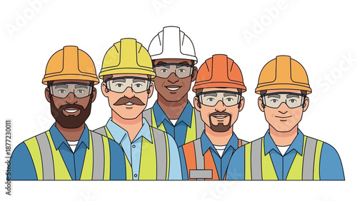 Five diverse male construction workers wearing hard hats, safety glasses, and high-visibility vests.