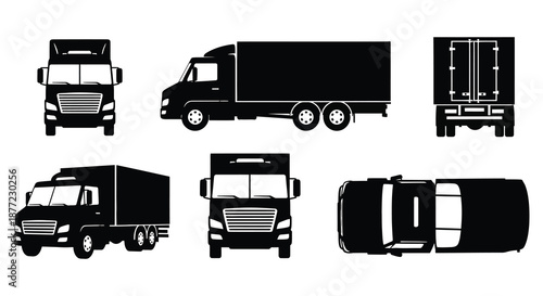 Detailed representations of various commercial transport trucks shown from multiple angles silhouette