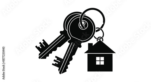 A striking black and white depiction of keys alongside a house a symbolic silhouette