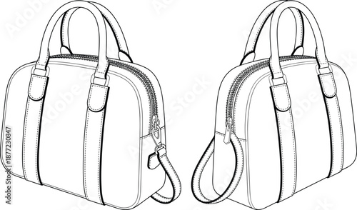 CAD drawing, flat vector illustration, stylish women handbag, leather shoulder bag, fashion accessory design, technical outline, modern purse artwork