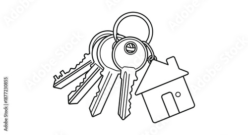 A detailed line drawing depicting several keys and a house charm a striking silhouette