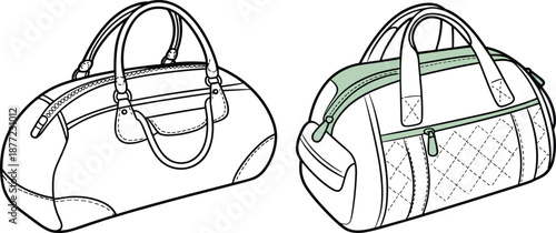 Duffel bag front and perspective views illustration, detailed cad drawing flat vector design for travel sport luggage manufacturing use