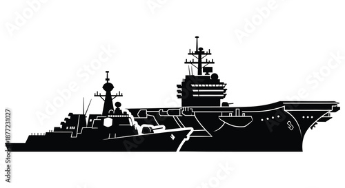 Detailed black silhouette of a large naval aircraft carrier ship at sea a powerful silhouette