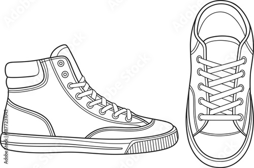 Classic high top sneaker technical drawing, side top views, casual canvas shoe design, lace detail, product specification, flat vector illustration