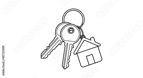 Line art depicting keys a house charm and a keyring presented as a striking silhouette