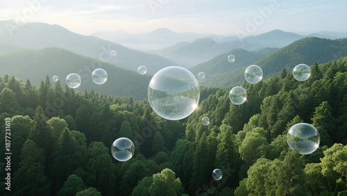 transparent bubbles floating above dense pine forest mountain valley sunrise landscape serenity