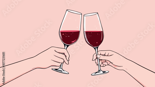 Minimal line illustration of hands holding wine and champagne glasses with soft pastel colors. Elegant celebration concept suitable for party, toast, anniversary, lifestyle, romance, and social events