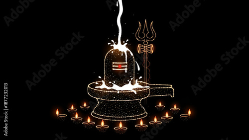 Mahashivratri shiva lingam abhishek with glowing trishul oil lamps devotion worship hindu ritual spirituality prayer temple festival meditation divine culture religion art design