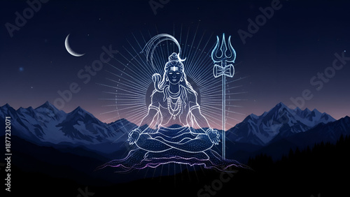 Maha Shivratri shiva meditation in himalayas night sky with glowing trishul divine energy worship spirituality devotion hindu prayer temple festival culture religion illustration